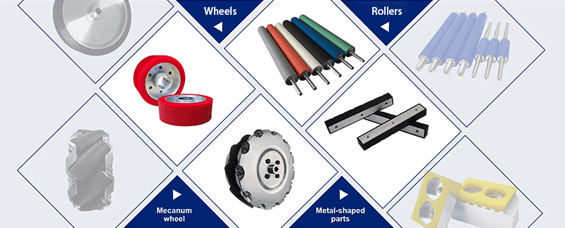 Product samples: PU rollers, silicone coated parts, Mecanum wheel prototypes